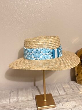 Coach Straw Boater Hat with Light Blue Signature Band